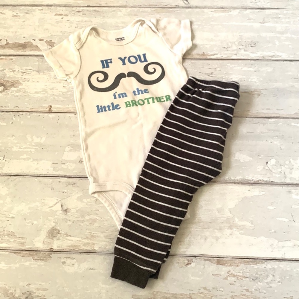 Carters 12m Baby Boy Outfit Set Little Brother Mustache Onesie & Striped Pants